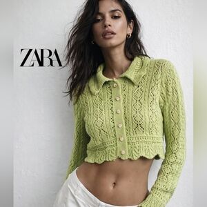 Zara Cropped Crochet Sweater Size M Green Button Up Cardigan